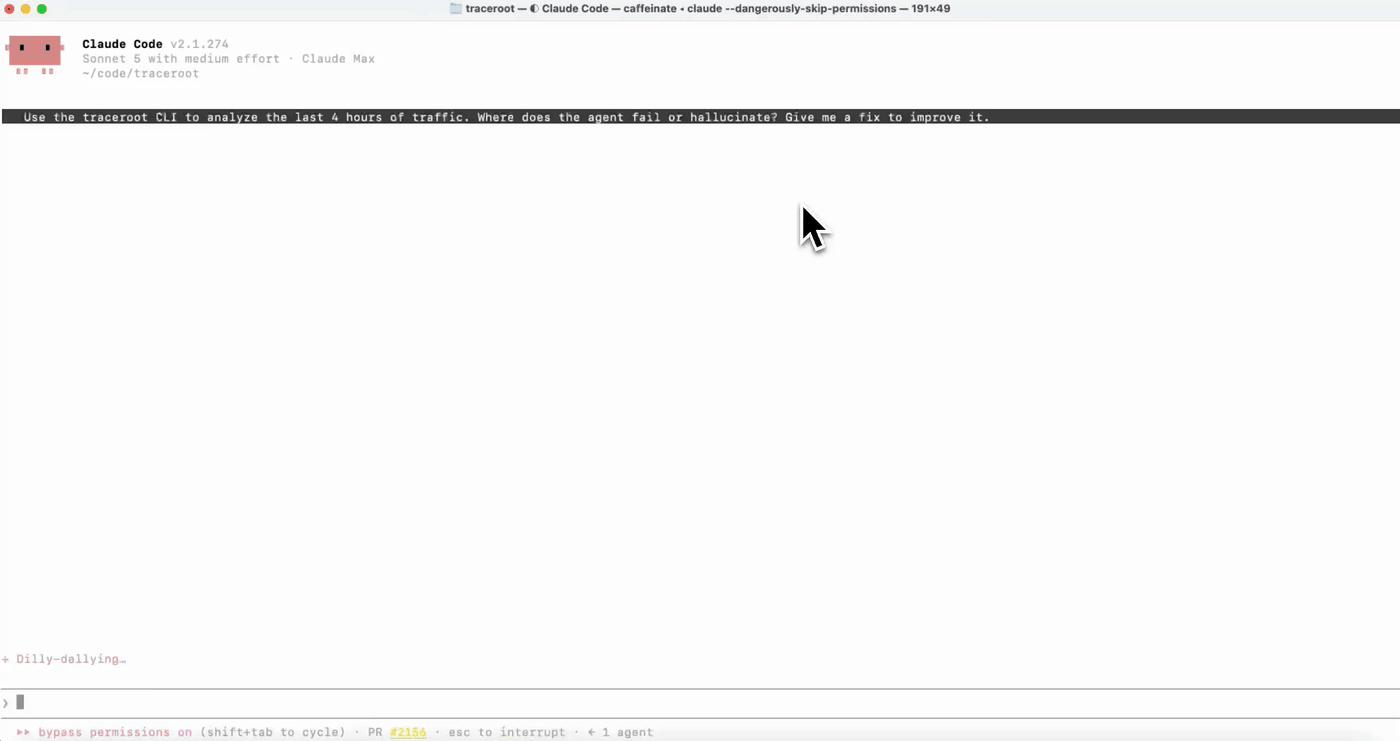 Claude Code using the TraceRoot CLI to analyze four hours of agent traffic, then proposing a fix for a silent failure it found.